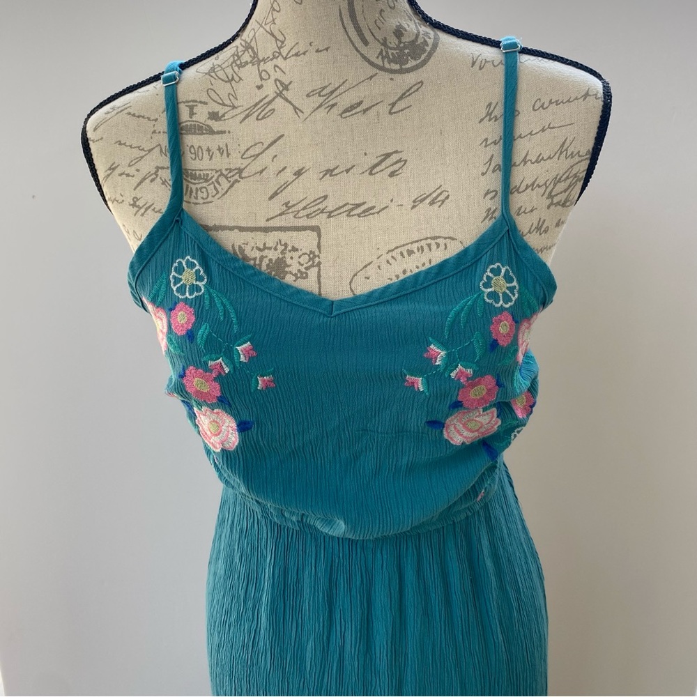 Fourteenth Place Embroidered Maxi Dress Size S Teal Floral Spaghetti Straps